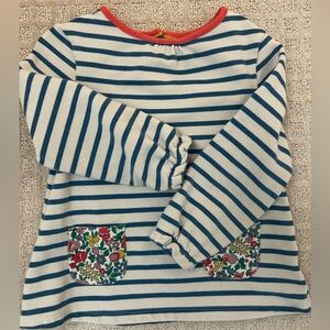 Baby Boden Blue Striped Long Sleeve Tee w Floral Pockets Sz 3-4 yr Toddler Girl